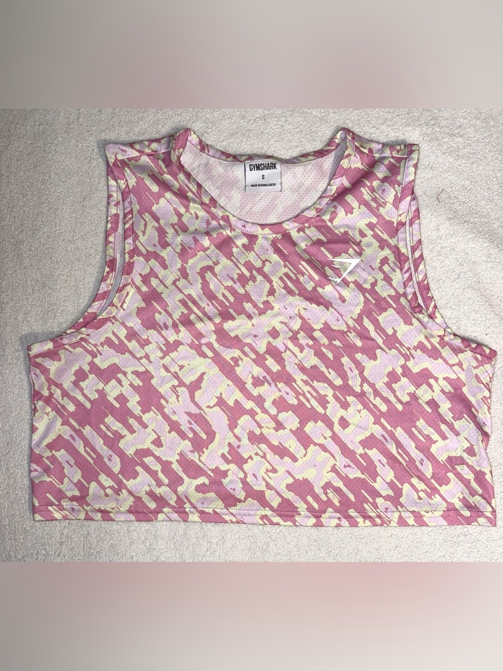 Gymshark pink and lime green abstract camo training crop tank top, sz S